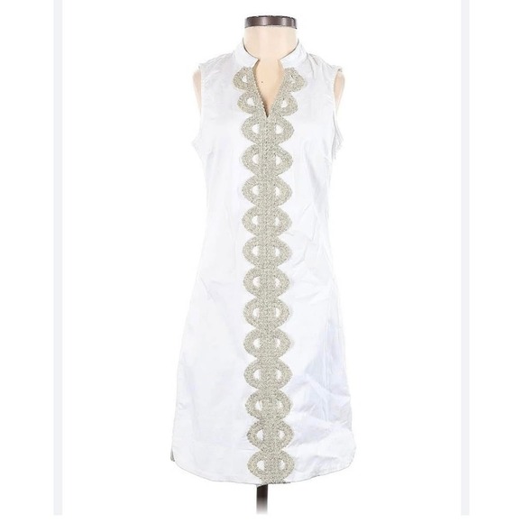 Mud Pie White Sleeveless Gold Trimmed Shift Dress Size Large - Picture 3 of 7
